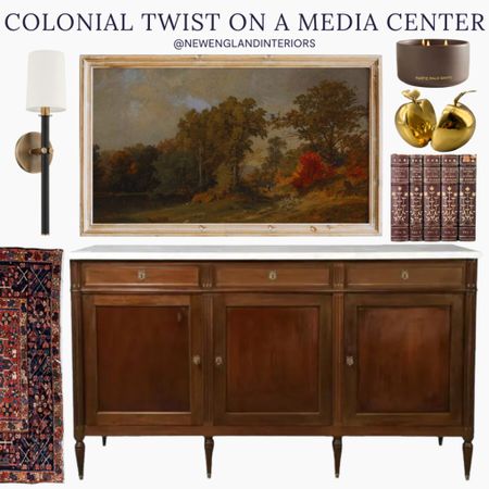 New England Interiors • Colonial Twist On A Media Center • Lighting, Rug, Tv, Framed Tv, Candle, Books, Bookends, Table. 📺🖼️

TO SHOP: Click the link in bio or copy and paste this link in your web browser 

#newengland #tv #framedtv #colonial #lighting #livingroominspo #footballseason

#LTKSeasonal #LTKGiftGuide #LTKhome