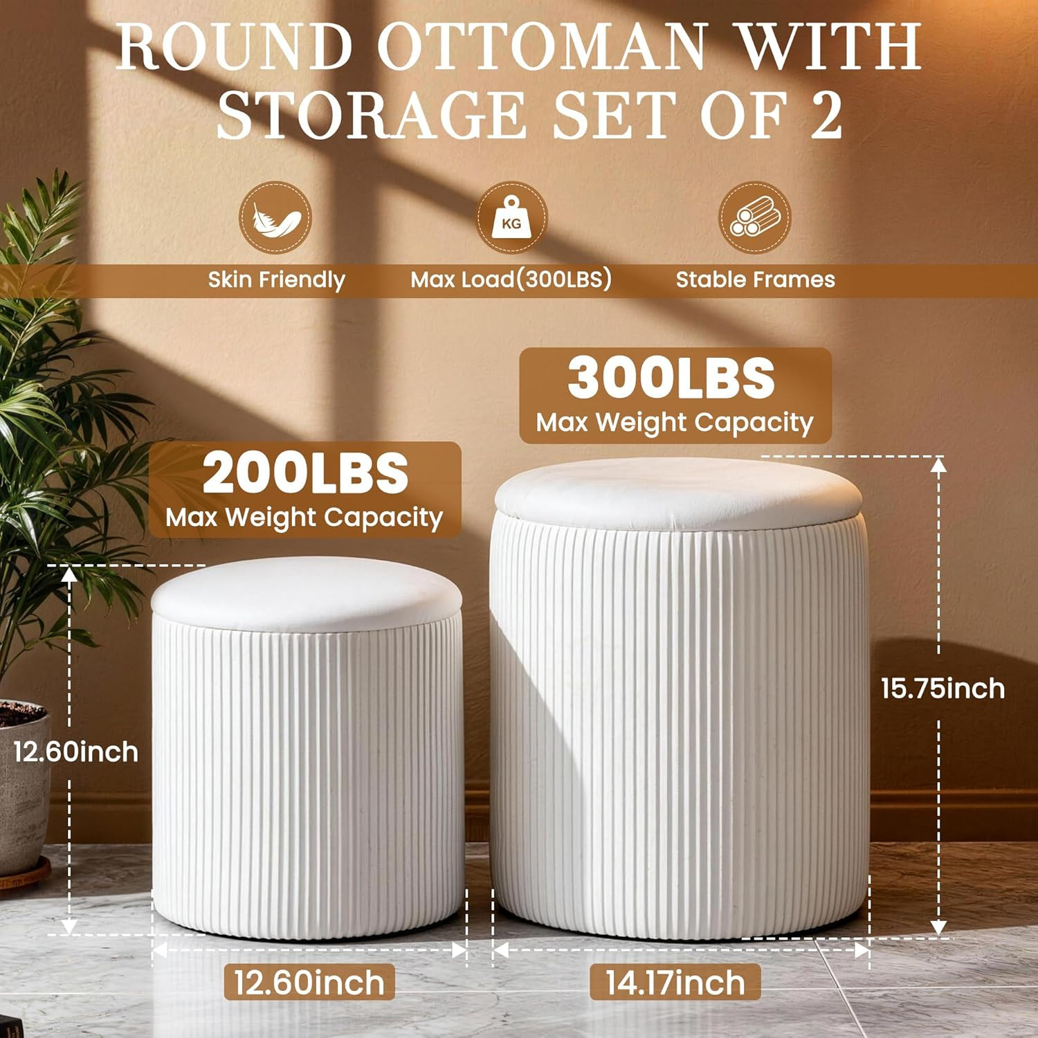 Set of 2 Round Storage Ottomans, Velvet Footstool Pouf with Lid - Multi-Use Vanity Stool for Bedr... | Amazon (US)