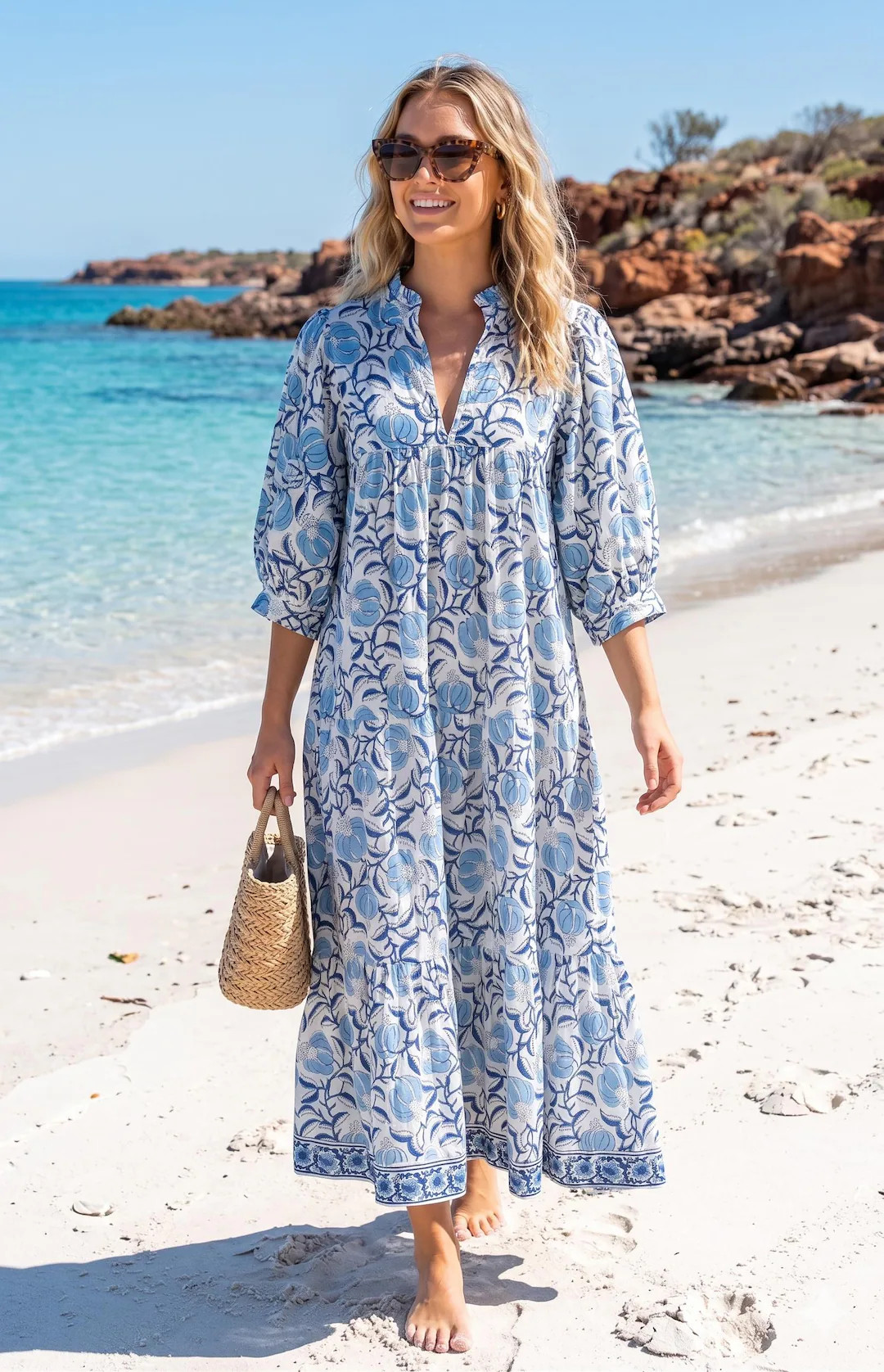 Coastal Blue Block Print Maxi Dress \u2013 Flowy Boho Tiered Beach Dress - Etsy | Etsy (Global)
