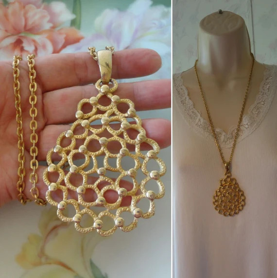 Vintage Matte Textured Bold Pendant Necklace Gold Plated Metal | Etsy | Etsy (US)