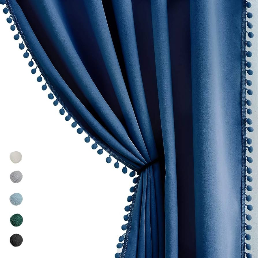 Pom Pom Curtains 84" Navy Royal Blue Blackout Curtains Bedroom Windows Drapes Triple Weave Therma... | Amazon (US)