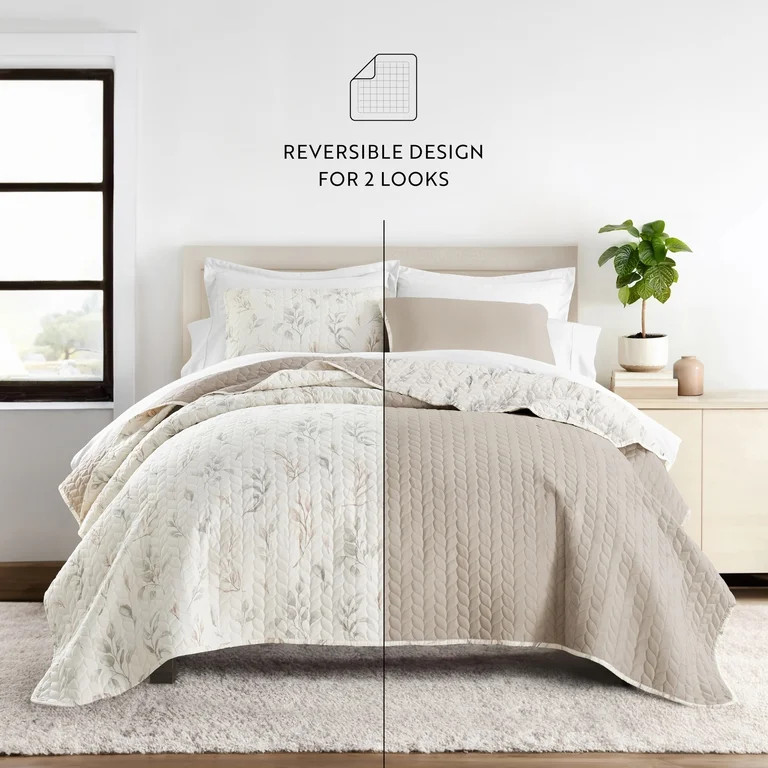 Ultra Soft Lightweight Quilt Sets in Watercolor Leaves Latte for Full/Queen Bedding by Comfort Ca... | Walmart (US)