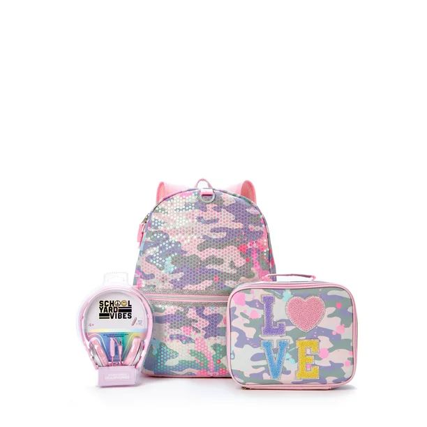 Schoolyard Vibes Backpack 3-Piece Set with Lunch Bag & Headphone Set Love Pink Camo Print | Walmart (US)