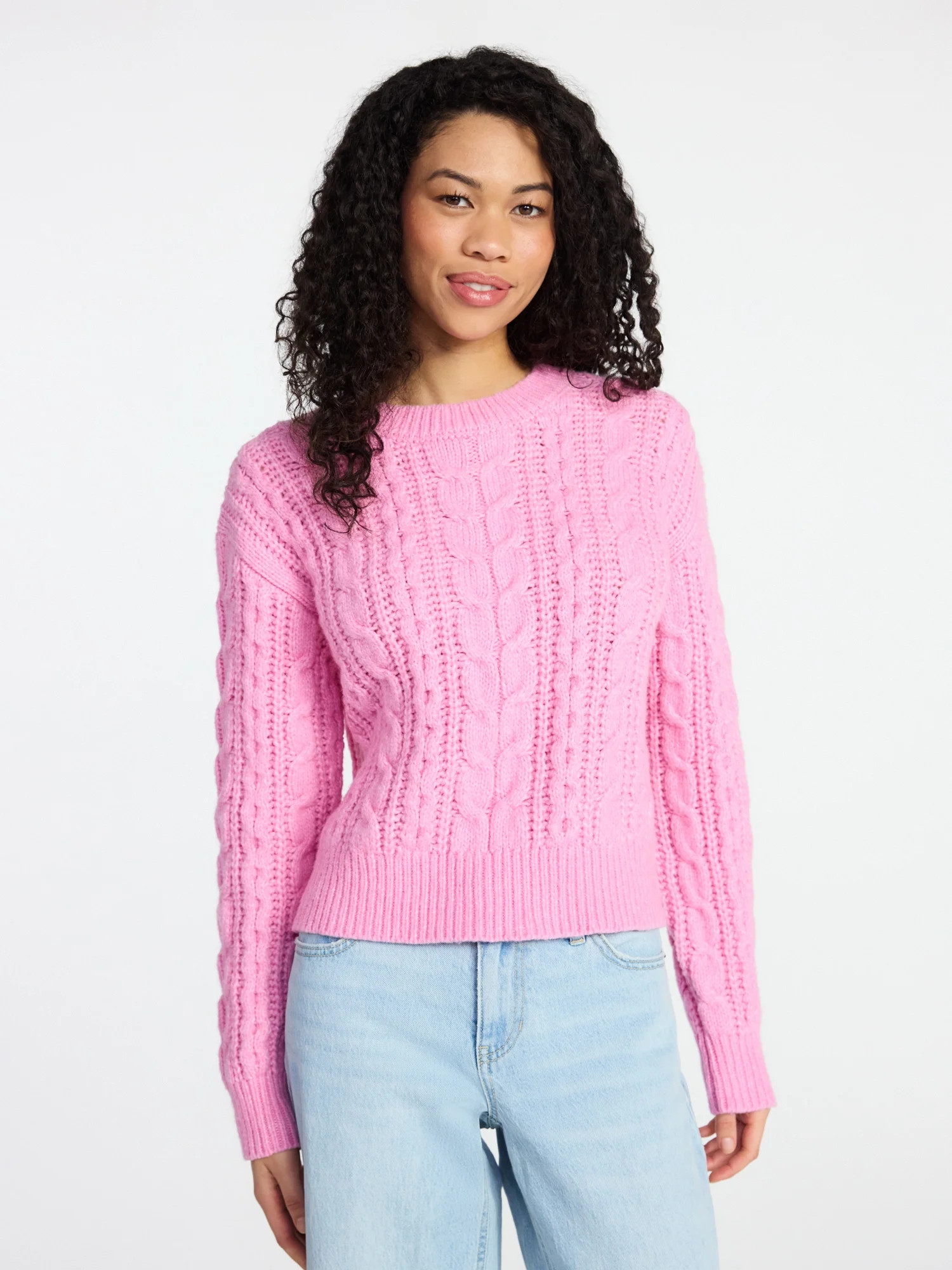 No Boundaries Cable Crewneck Drop Shoulder Sweater, Midweight, Women's XXS-XXL | Walmart (US)