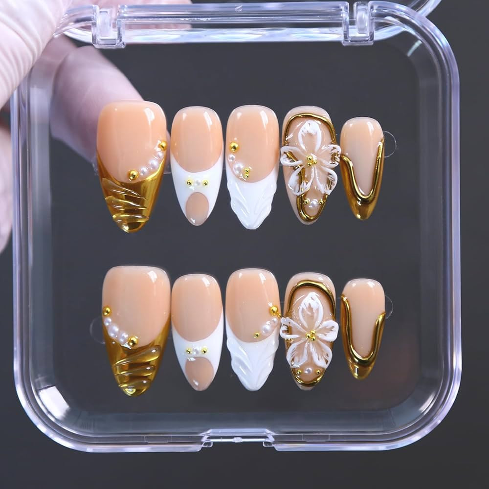 Press On Nails - Handmade French Almond Fake Nails, French Nails Design, Reusable Artificial Almo... | Amazon (US)