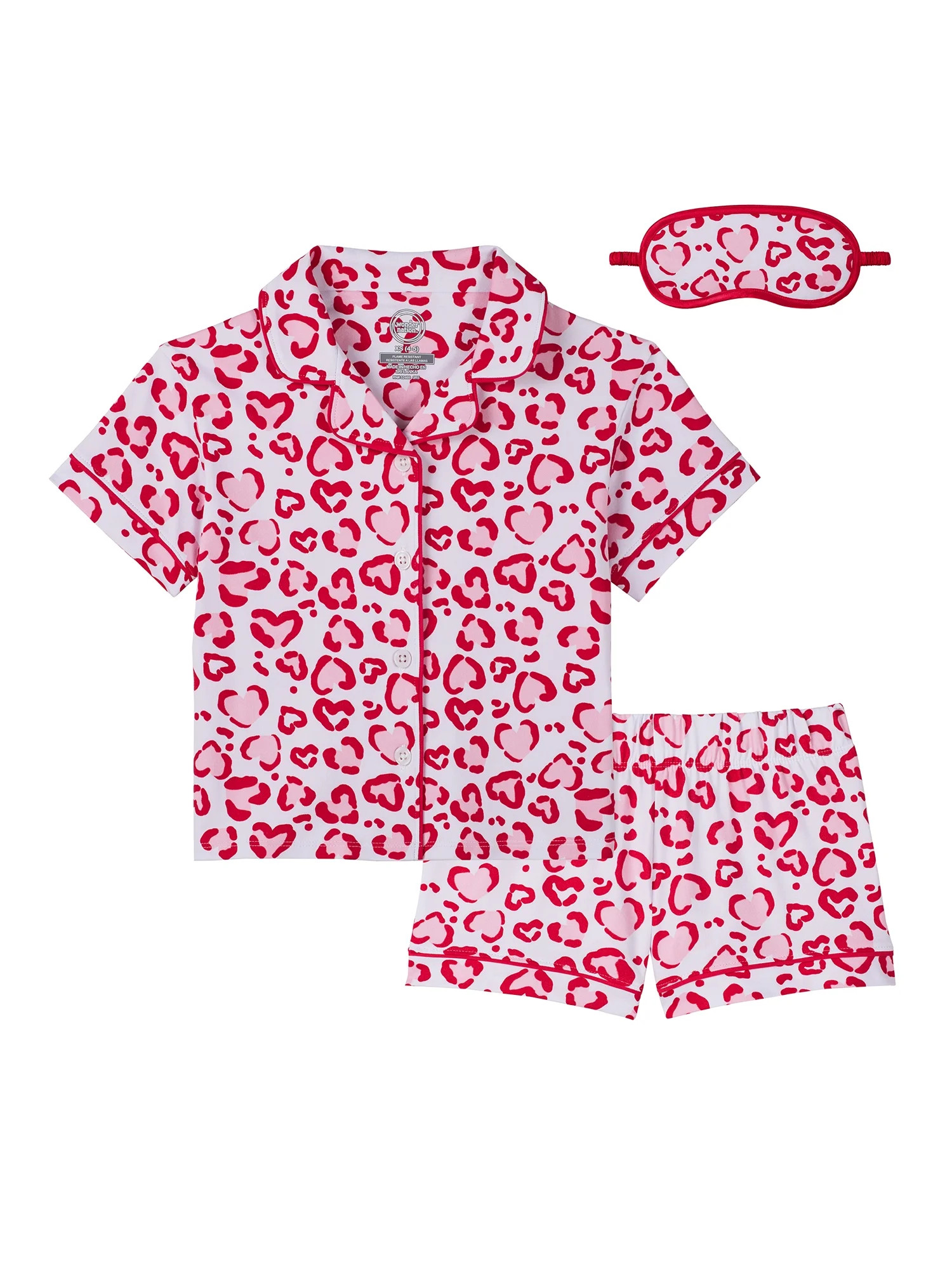 Wonder Nation Girls Short Sleeve Button Front Pajama Top and Shorts Set with Eyemask, 3-Piece, Si... | Walmart (US)