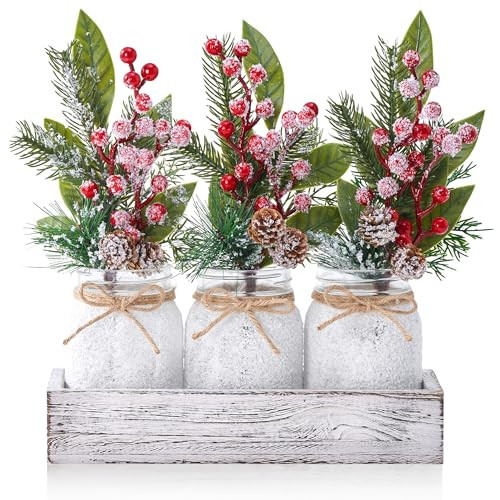 KIVIVO Christmas Centerpieces for Tables, Table Decor with Mason Jar, Flowers Picks, Farmhouse Wood Tray, Christmas Winter Table Decorations Centerpieces, Xmas Holiday, Kitchen, Room, Dining Decor | Amazon (US)
