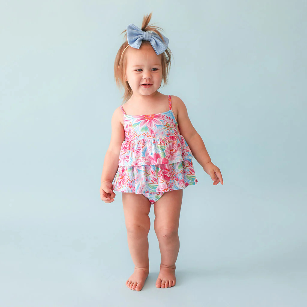 Floral Blue Sleeveless Girl Bubble Romper | Marina | Posh Peanut