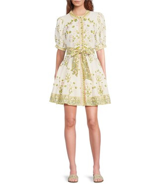 A Loves A Floral Woven Linen Round Neck Short Bubble Sleeve Button Front Tie at Waist A-Line Flou... | Dillard's
