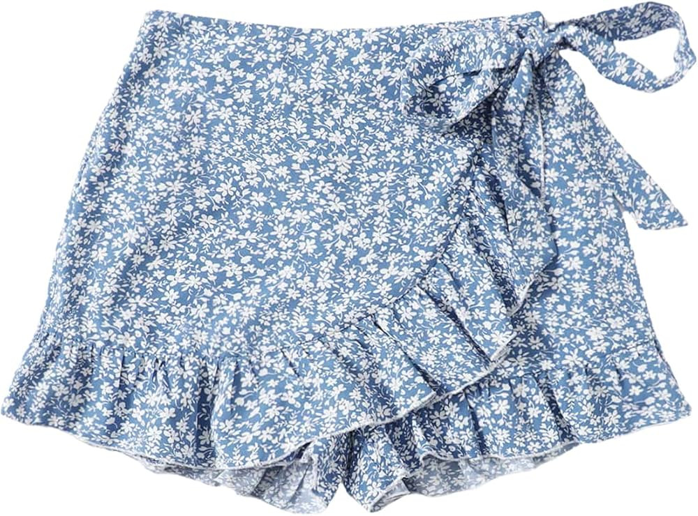 MakeMeChic Women's Boho Floral Print Elastic Waist Ruffle Wrap Tie Skorts Skirt Skorts | Amazon (US)