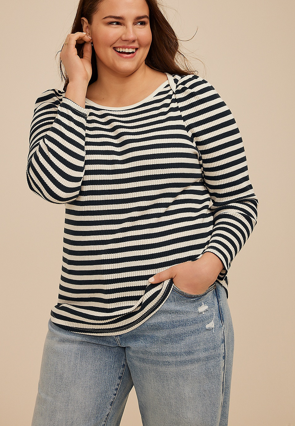 Plus Size Striped Ribbed Envelope Neck Long Sleeve Tee | Maurices