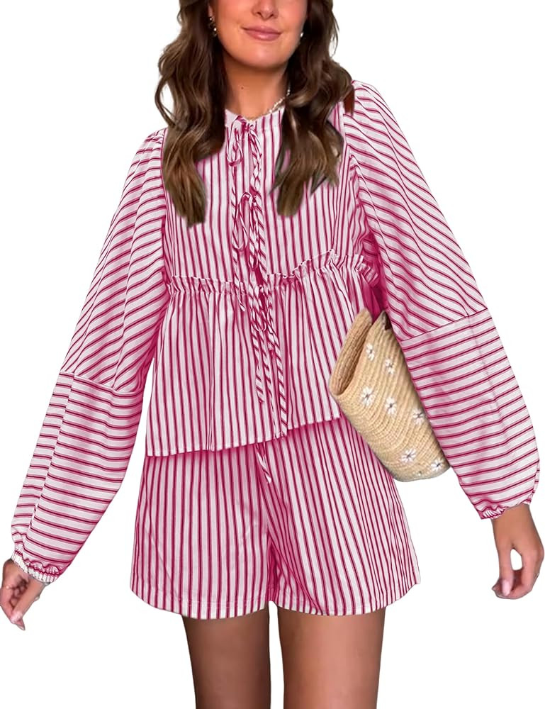 Bankeng Women Y2K Tie Front 2 Piece Shorts Set Plaid Long Puff Sleeve Peplum Top Summer Cute Loun... | Amazon (US)