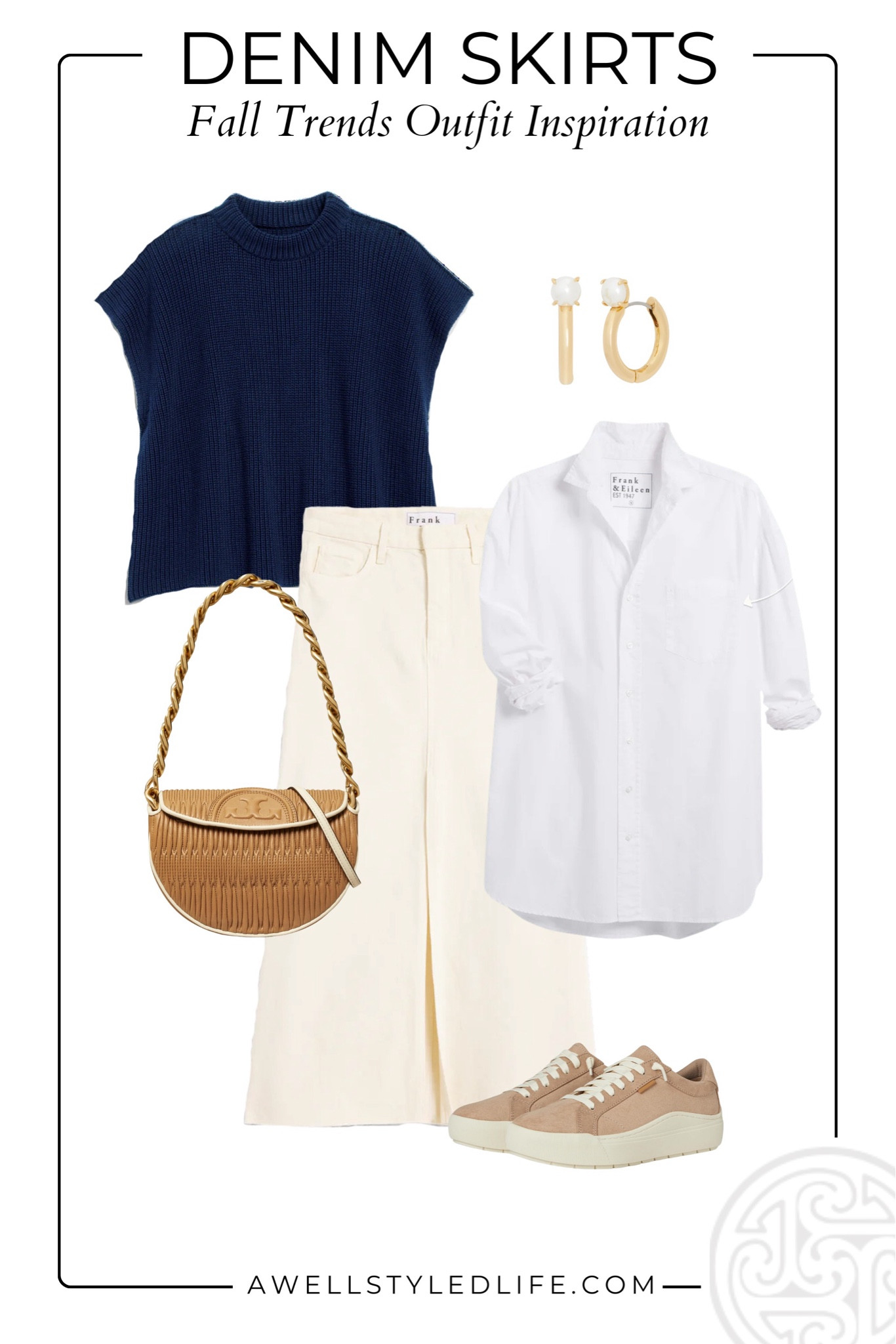 Fall Trends Outfit Inspiration:

Clothing from Frank & Eileen, bag, shoes and earrings from Zappos. 

#fashion #fashionover50 #fashionover60 #fallfashion #falloutfit #frank&eileen #zappos #denimskirt #sweatervest #buttondown 

#LTKOver40 #LTKSeasonal #LTKStyleTip