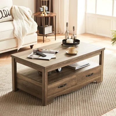 Farmhouse Style Wooden Living Room Coffee Table With Storage Space, Open Display Area And Storage Drawers With Metal Handles, Chic Style, Curved Base | Wayfair North America