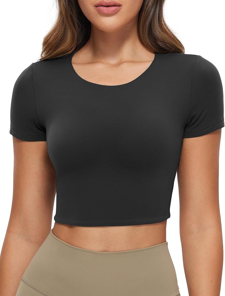 CRZ YOGA Womens Butterluxe Double Lined Short Sleeve Crop Tops Crew Neck Casual Workout T-Shirt C... | Amazon (US)