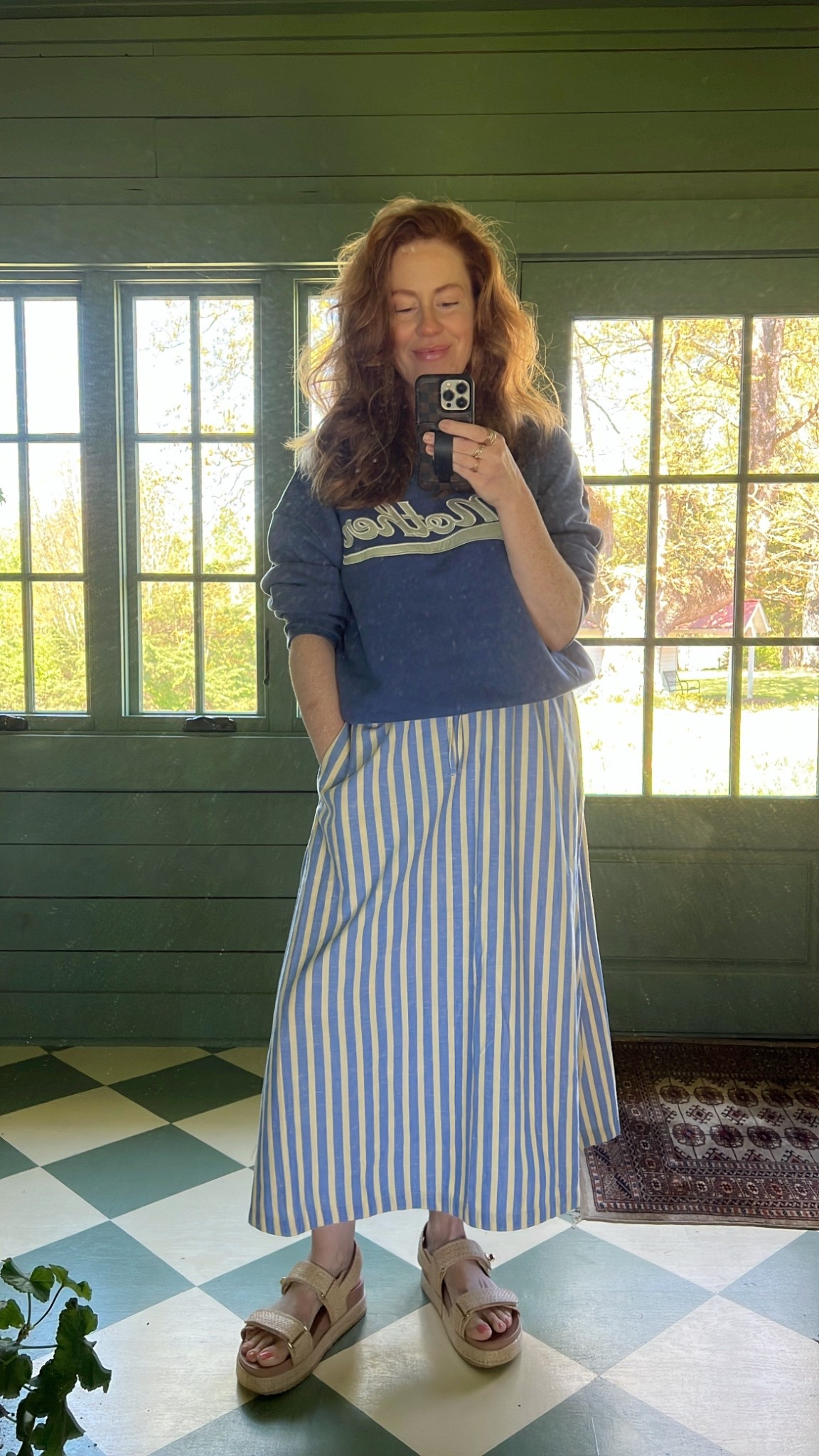 mother sweat shirt styled with easy striped skirt (with pockets!!). wearing a medium in both. sandals are tts!

#LTKFindsUnder50 #LTKOver40 #LTKShoeCrush