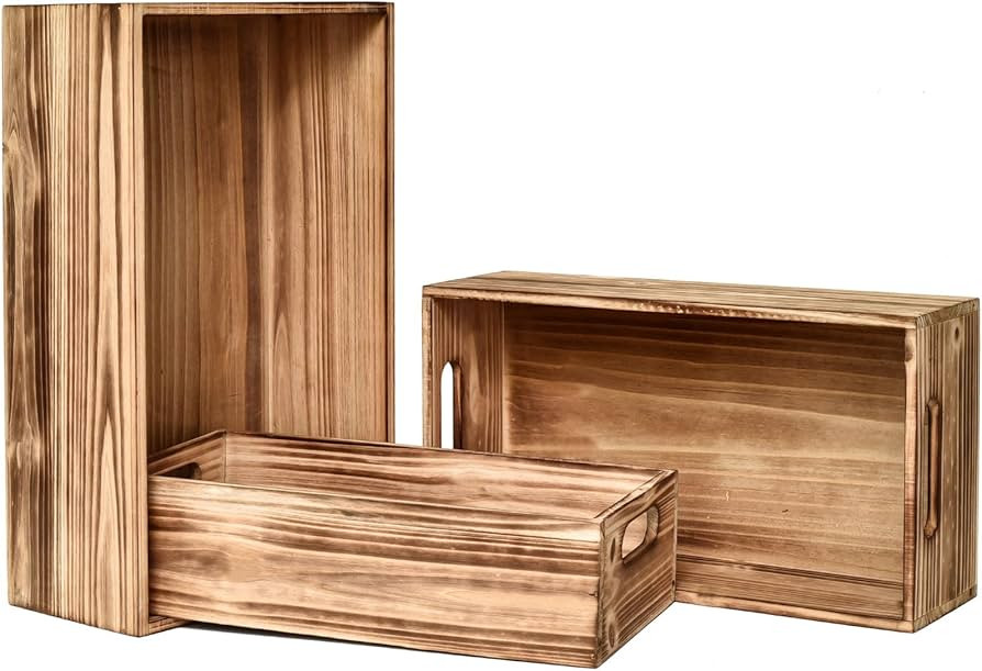 MACVAD Set of 3 Wooden Crates, Vintage Torched Brown Wooden Storage Crates for Display Rustic, Fa... | Amazon (US)
