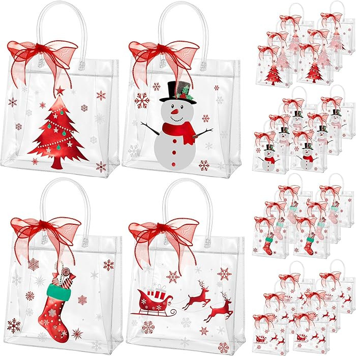 Henoyso 24 Pcs Christmas Clear Gift Bags Plastic Candy Treat Goodie Bags Red Foil Santa PVC Wrap ... | Amazon (US)