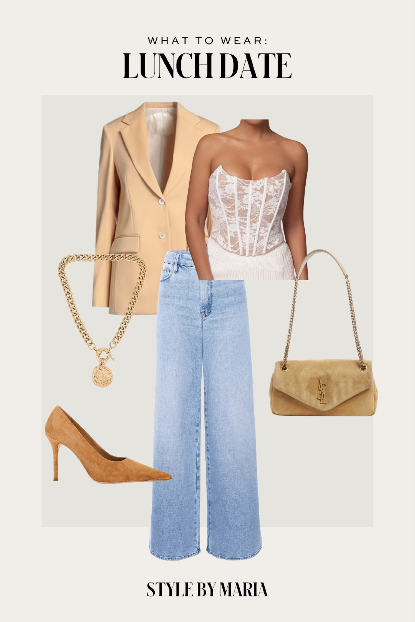 Chic winter outfit
Beige blazer
Lace corset 
Wide leg jeans
Suede pumps 

#LTKStyleTip #LTKShoeCrush #LTKFindsUnder100
