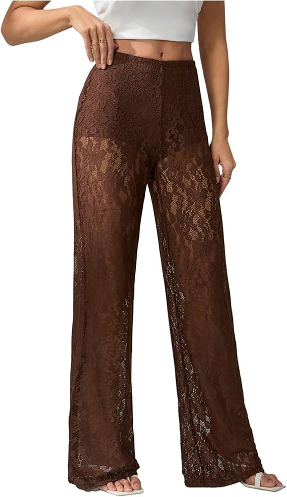 Women's Y2K Floral Lace See Through Pants Sheer Straight Leg Long Pants Club Wear | Amazon (US)