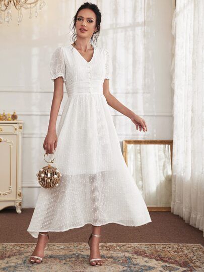 Pearls Puff Sleeve High Waist A-Line Dress | SHEIN