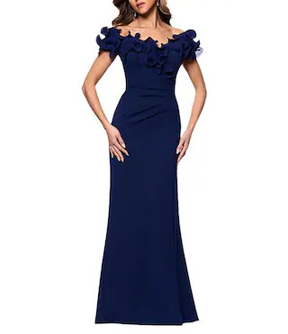 Petite Size Scuba Crepe Ruffle Off The Shoulder Neck Ruched Gown | Dillard's