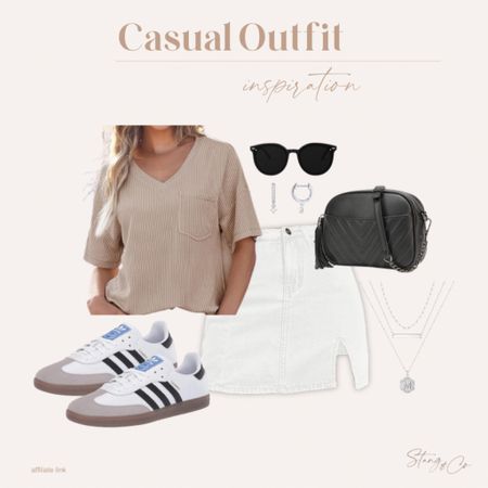 This casual outfit includes a v-neck tan tee paired with a white skort, black cross body bag, Samba sneakers, a layered silver necklace, huggie hoop earrings, and black sunglasses. 

Ootd, casual sneakers, tall friendly style, Amazon outfit, summer outfit, spring outfit 

#LTKfindsunder50 #LTKstyletip #LTKshoecrush