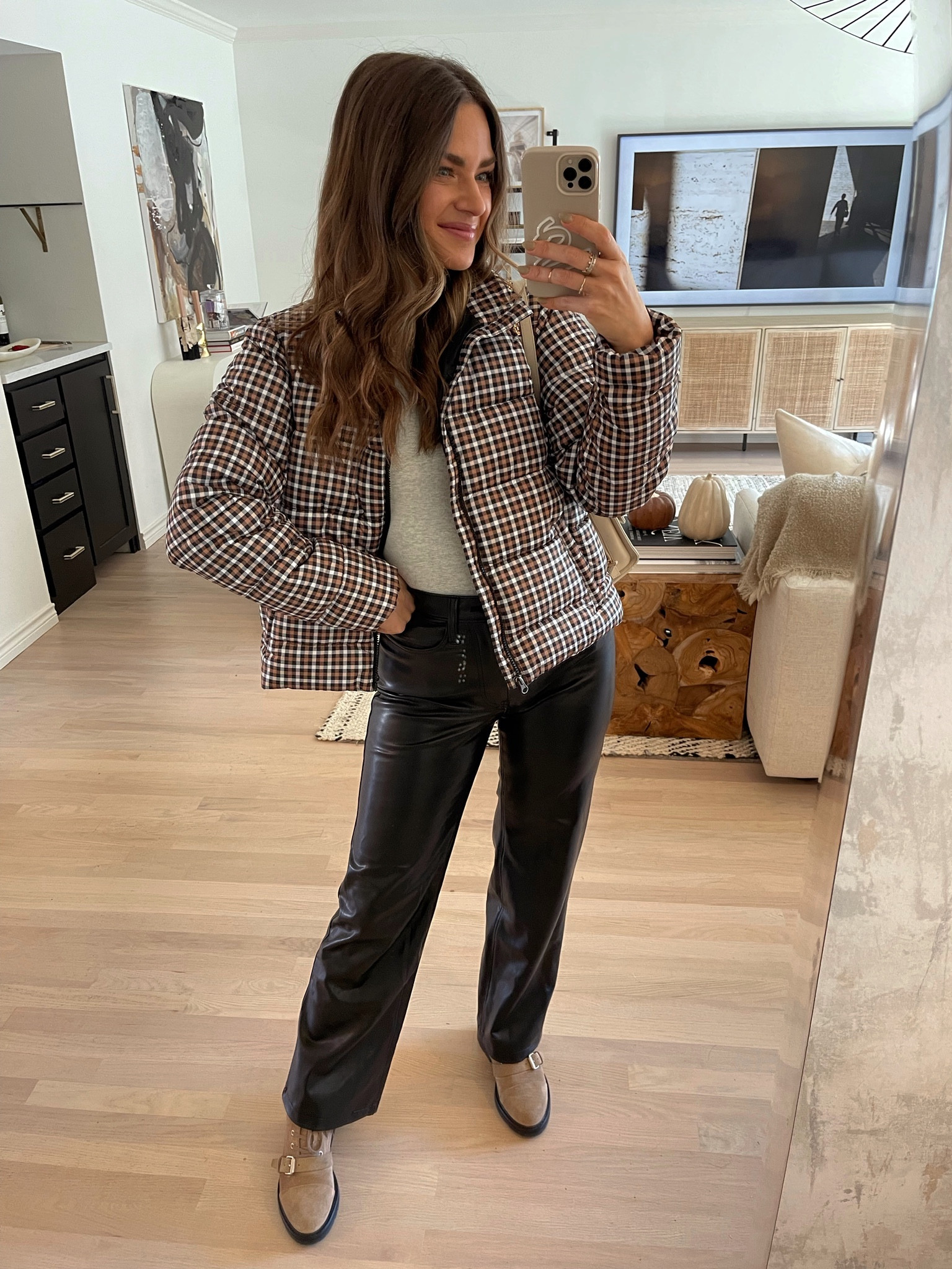 Styling the Vegan leather straight paints a few ways. I got my true size in the regular length in them! Wearing a S bodysuit & puffer. Boots fit TTS! // fall outfit, fall trends, fall style, fall fashion, fall outfits, fall outfit ideas, fall outfit inspo, leather pants outfit