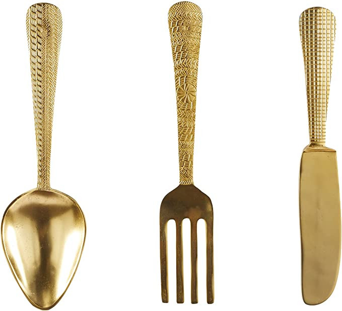 Deco 79 Aluminum Utensils Knife, Spoon and Fork Wall Decor, Set of 3 4" W, 23" H, Gold | Amazon (US)