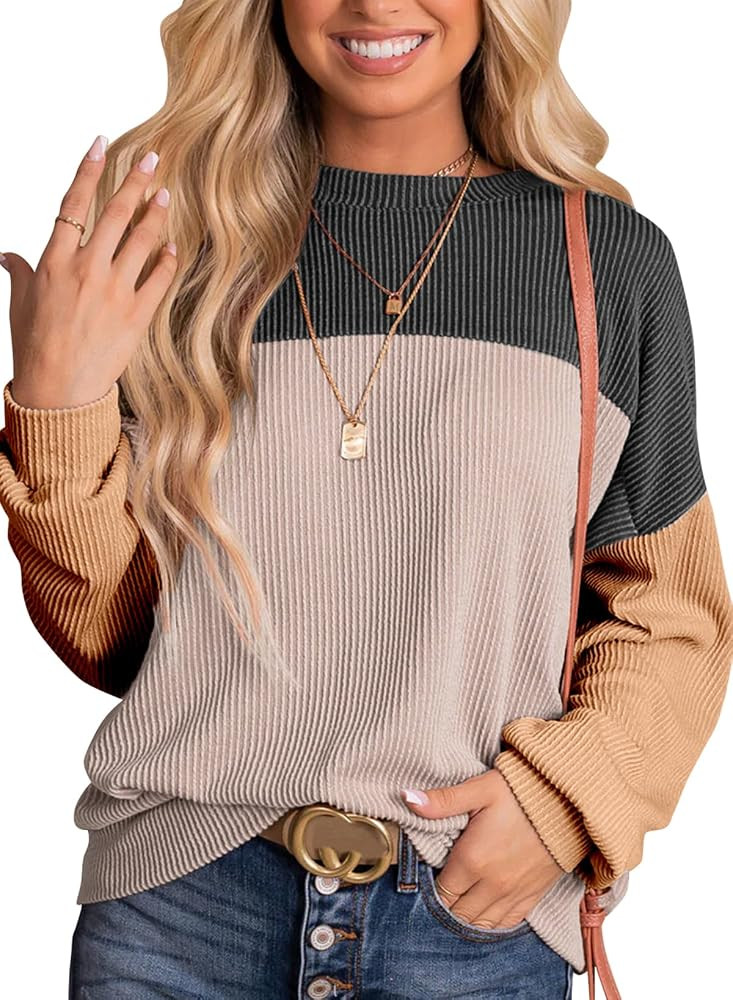 Dokotoo Womens Fashion 2025 Color Block Long Sleeve Crewneck Knitted Casual Loose Pullover Shirts... | Amazon (US)
