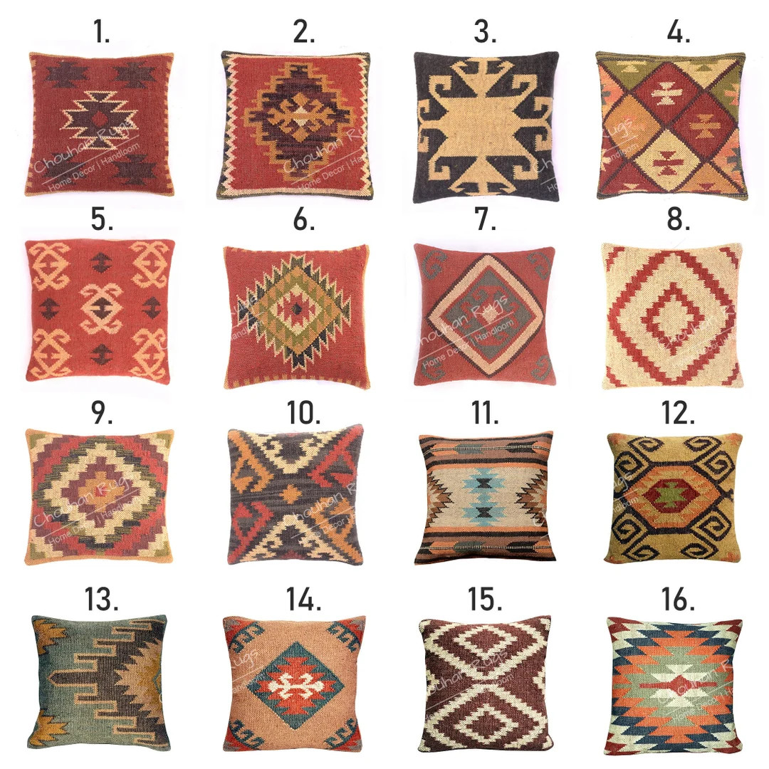 Wool Jute Cushion Covers Free Shipping 18x18 Inches Decorative Jute Pillow Cases Hand Loomed Indi... | Etsy (US)