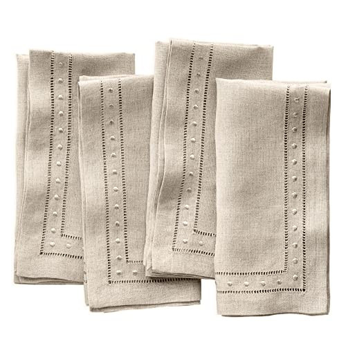 Linen Napkins Set of 4-100% Flax Linen Natural Dinner Napkins with Embroidered Dot 18 x 18 inch - Hemstitch Cloth Napkins Washable for Valentines Day, Winter and Spring Decor | Amazon (US)