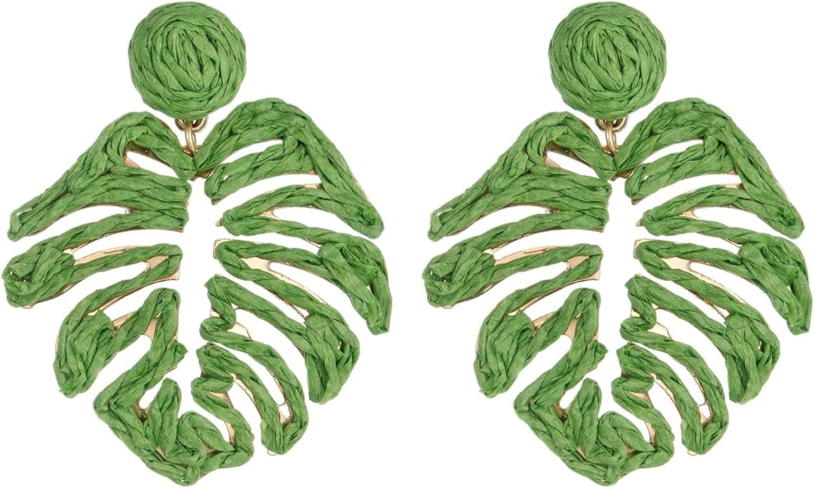 RUOFFETA Raffia Palm Leaf Earrings, Raffia Straw Wrapped Monstera Drop Dangle Earrings Summer Tro... | Amazon (US)