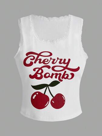 ROMWE Kawaii Women's Cherry & Letter Print Tank Top Cherry Bomb | SHEIN | SHEIN