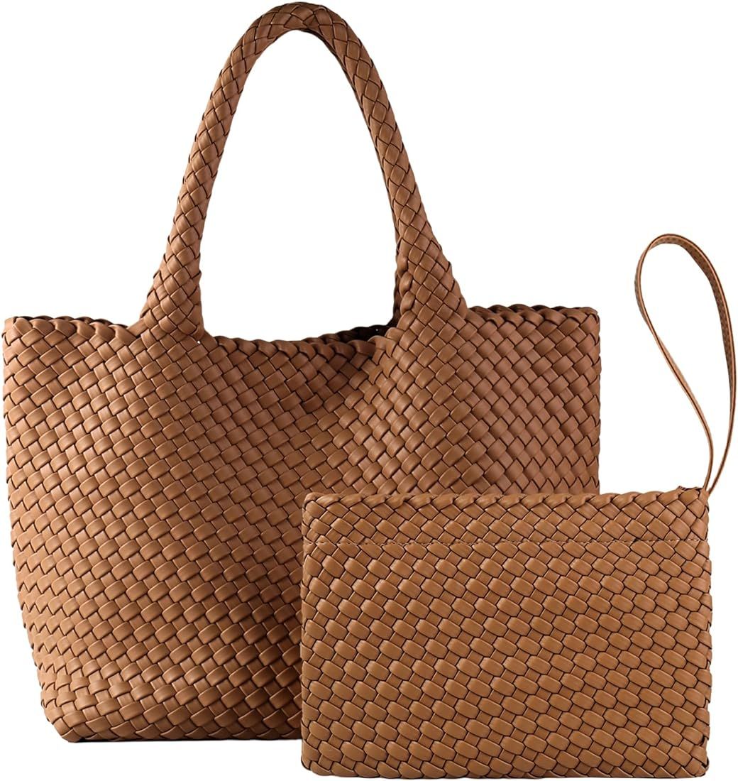 Woven Tote Bag for Women, Vegan Leather Handwoven Bags with Small Handmade Purse, Large Travel Br... | Amazon (US)