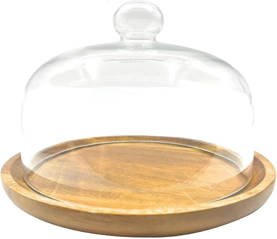 8 Inch Wooden Base Cake Display Stand with Glass Dome,Cloche Clear Glass Bell Jar Cover for Desse... | Amazon (US)
