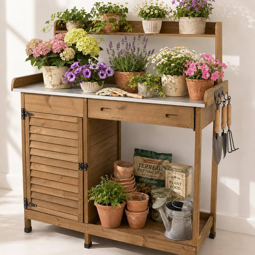 Potting Bench Table Work Bench with Storage Cabinet Outdoor Wooden Garden Workstation with Metal ... | Amazon (US)
