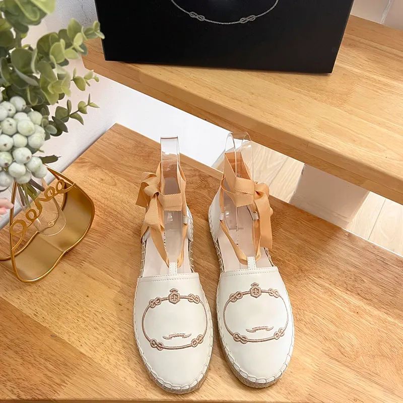 Linen Embroidered Espadrilles Sandals Flats heels summer women's luxury designers leather sole Ev... | DHGate