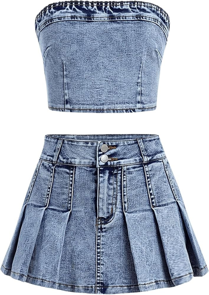 WDIRARA Girl's Y2K 2 Piece Outfits Bandeau Tube Tops Jeans Denim Sets A Line Pleated Mini Skirt S... | Amazon (US)