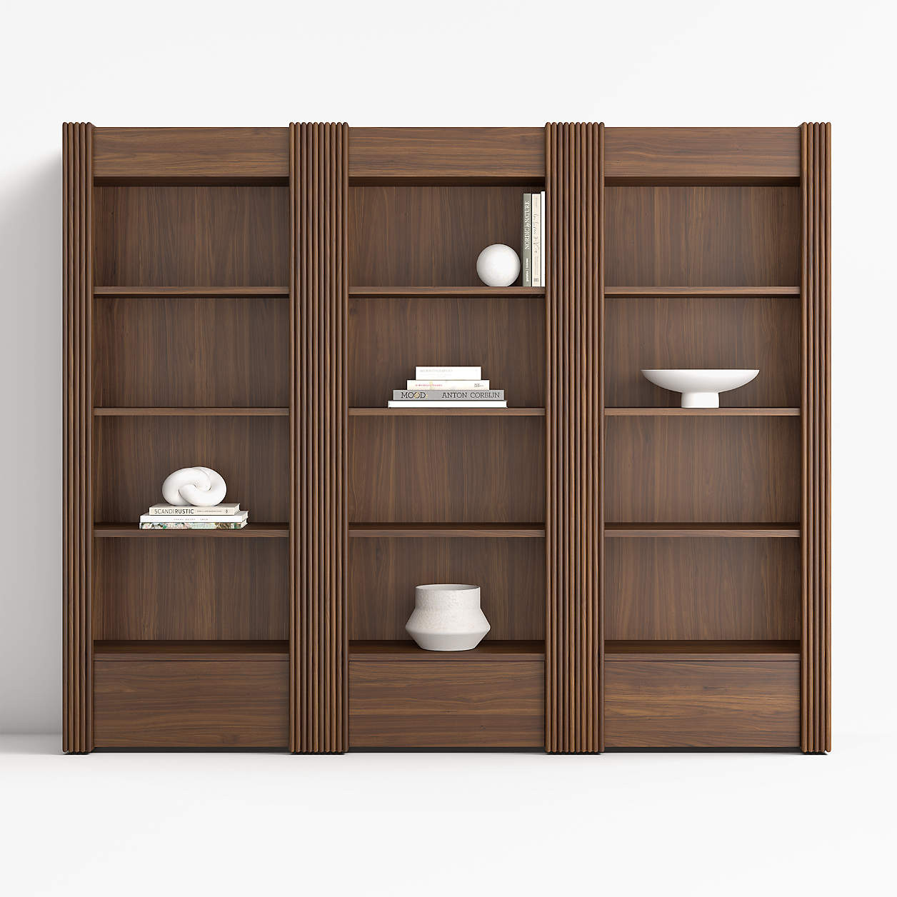 Siena 102" Walnut Wood 4-Shelf Storage Bookcase with Drawer, Set of 3 + Reviews | Crate & Barrel | Crate & Barrel