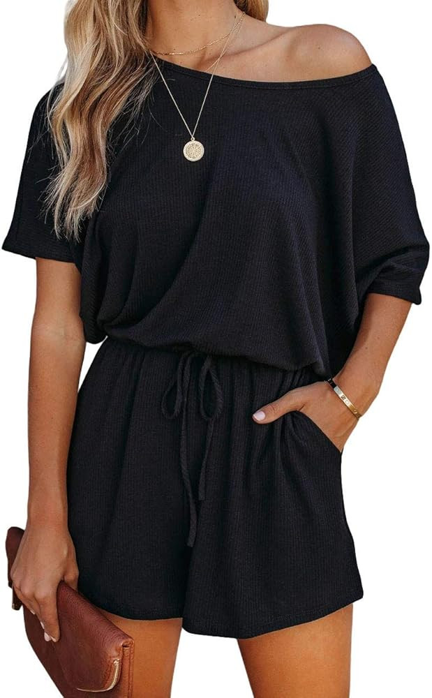 Lacozy Women Jumpsuits One Piece Rompers Summer Boat Neck Off Shoulder Short Sleeve Jumpsuit with Po | Amazon (US)