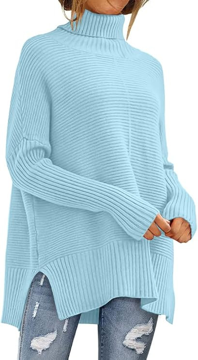 ANRABESS Womens 2023 Trendy Sweaters Oversized Turtleneck Long Batwing Sleeve Split Hem Pullover ... | Amazon (US)