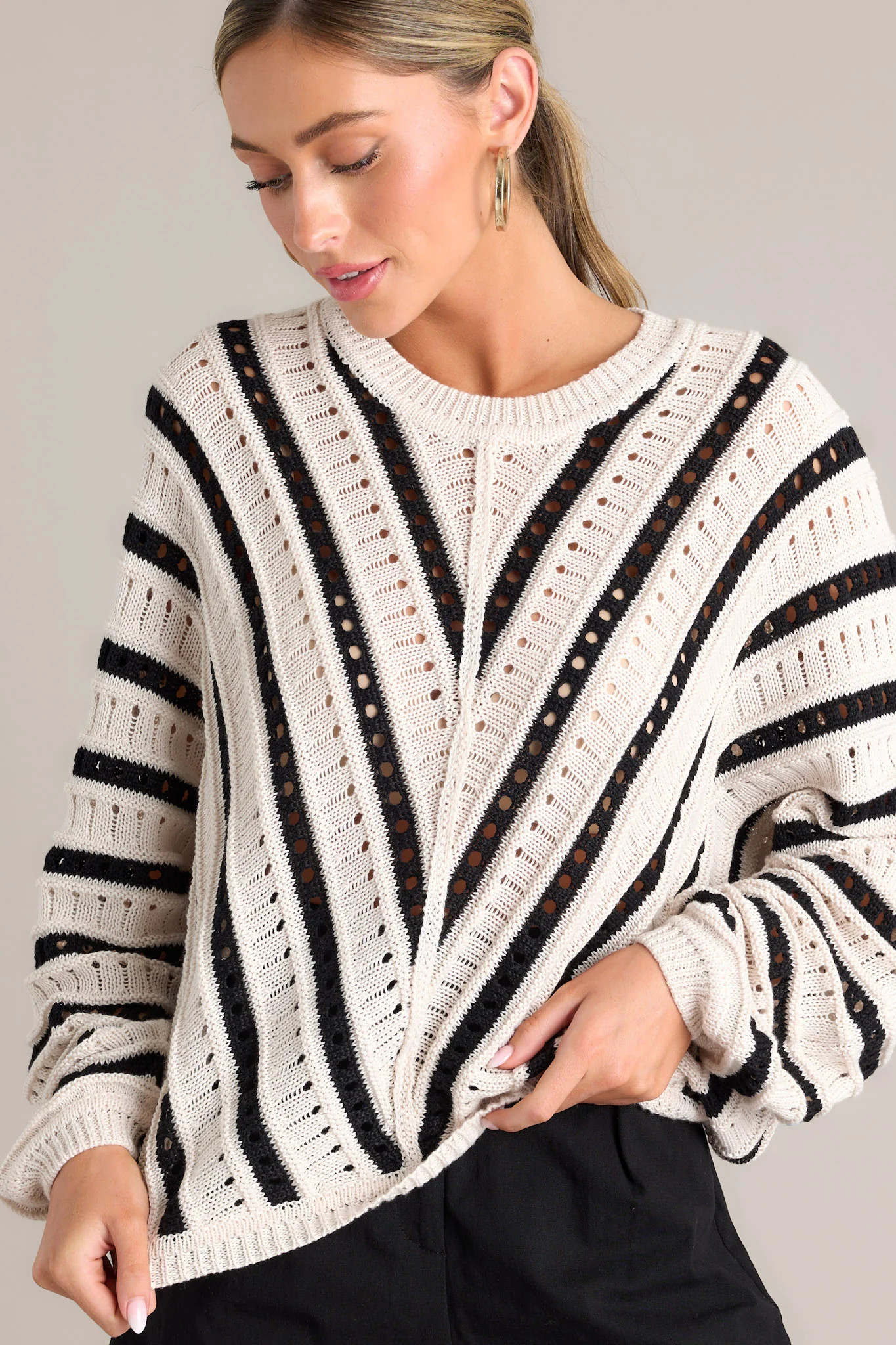 Speak Now Black & Ecru Stripe Open Knit Sweater | Red Dress