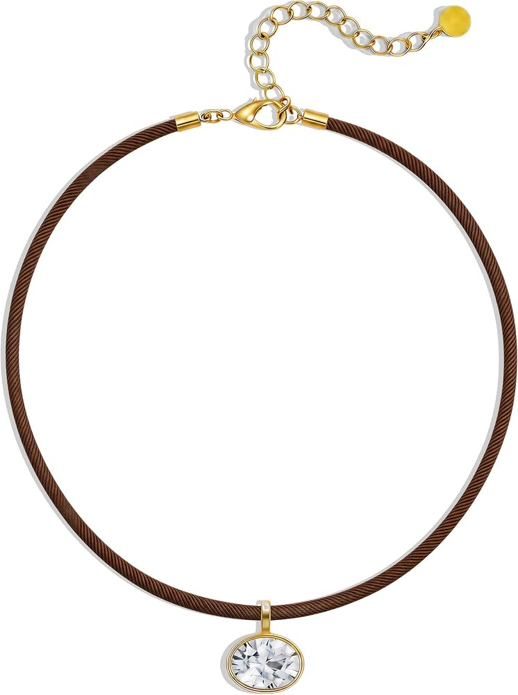Cord Necklace for Women, Rope with Oval CZ Charm | Amazon (US)