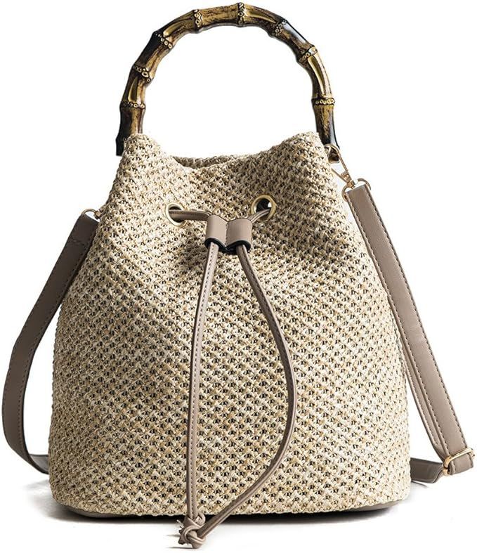 QZUnique Women's Bucket Drawstring Handbag Straw Shoulder Bag Straw Weave Crossbody Handbag Beach... | Amazon (US)