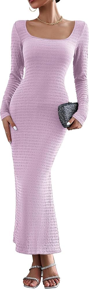 Women's 2023 Fall Maxi Bodycon Dress Long Sleeve Square Neck Long Fitted Mermaid Dresses | Amazon (US)