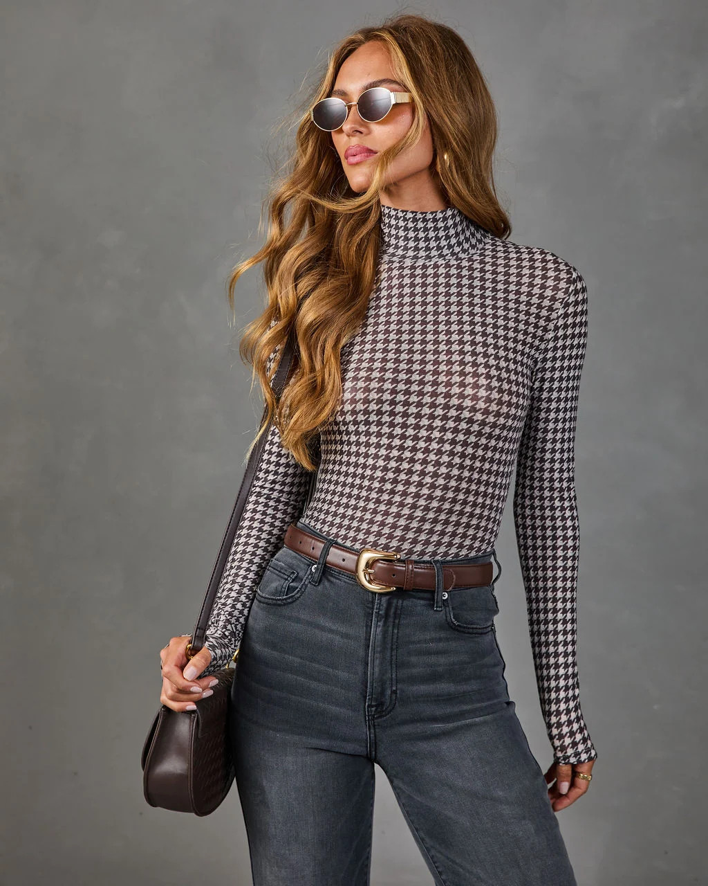 Kensley Turtleneck Houndstooth Print Top | VICI