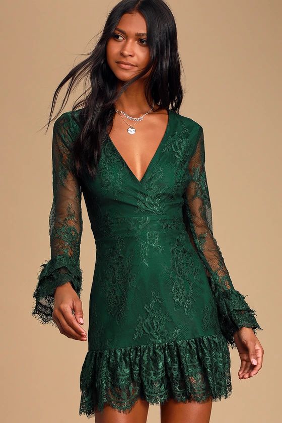 All Yours Emerald Green Lace Long Sleeve Ruffled Mini Dress | Lulus (US)