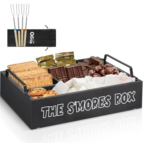 Smores Kit for Fire Pit, Smores Caddy Organizer for S'Mores Station, Farmhouse Wooden S'mores Bar Holder with 4 Extendable Smores Sticks, Smores Tray Organizer for Party, Outdoor Camping and Bonfires | Amazon (US)