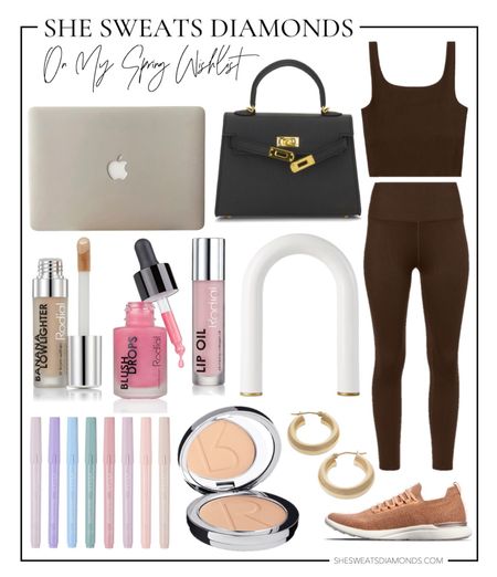 Currently on my spring wishlist: taupe laptop cover, black crossbody bag, brown ribbed sports tank, brown ribbed leggings, under eye concealer, cream blush, collagen lip gloss, pressed setting powder, pastel highlighters set, gold hoop earrings, and rose gold sneakers!

#LTKbeauty #LTKunder100 #LTKfit
